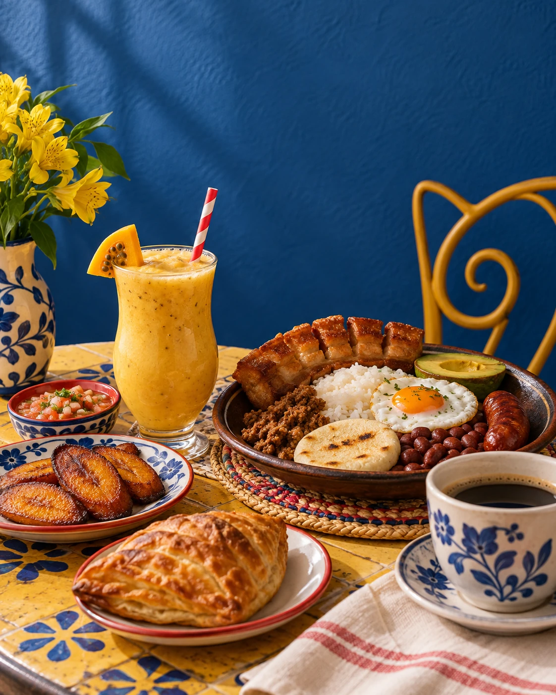 Illustrative Colombian café still life — original artwork, not exact La Gata Golosa inventory or premises.